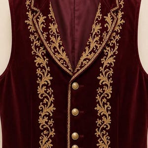 May include: A deep burgundy velvet vest featuring a notched lapel and a front button closure. The garment is decorated with intricate gold-colored embroidery in a scrolling vine pattern that runs along the lapels and down the front panels.
