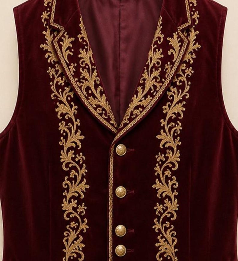 May include: A deep burgundy velvet vest featuring a notched lapel and a front button closure. The garment is decorated with intricate gold-colored embroidery in a scrolling vine pattern that runs along the lapels and down the front panels.