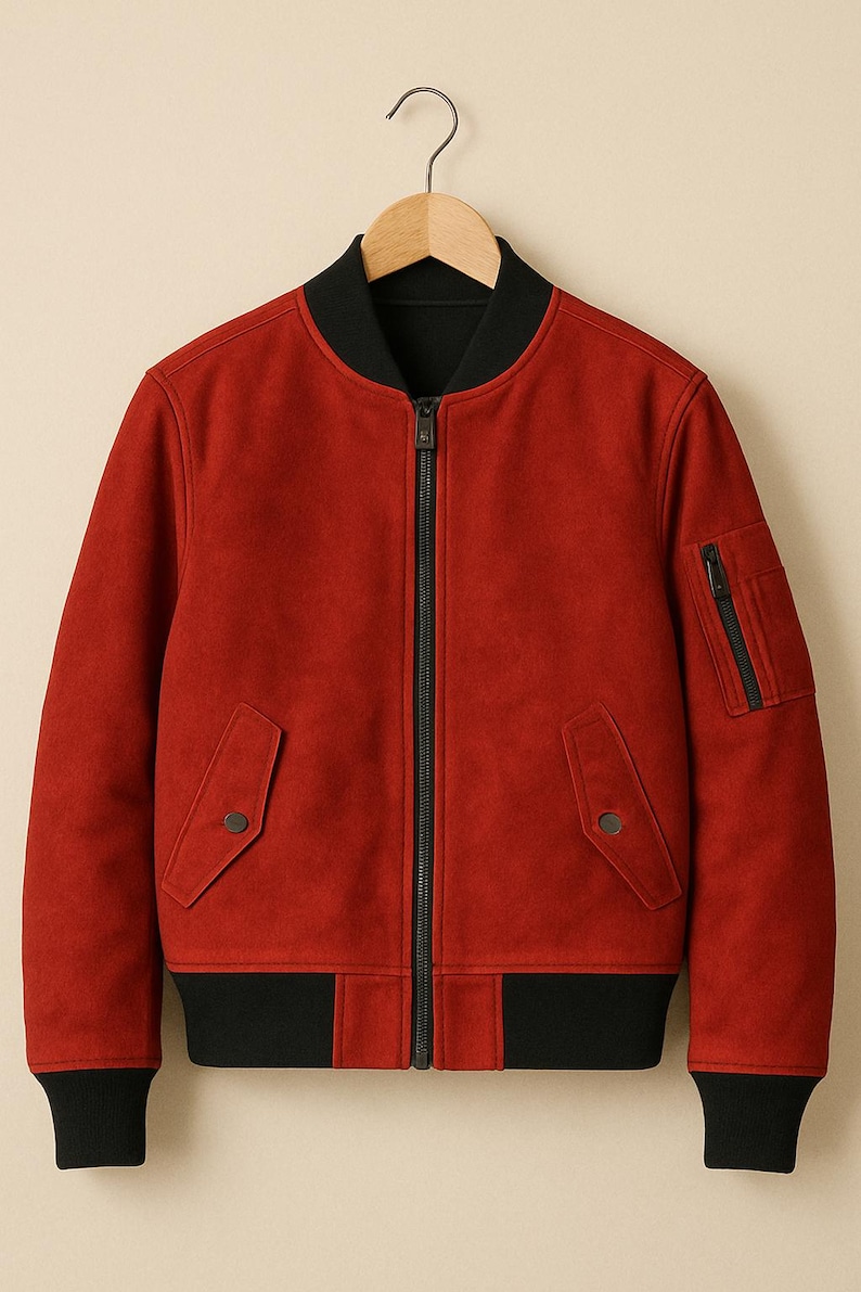 May include: A red bomber jacket with a black collar, cuffs, and hem. The jacket has a front zipper, two front pockets with snap closures, and a zippered pocket on the left sleeve. The jacket is hanging on a wooden hanger.