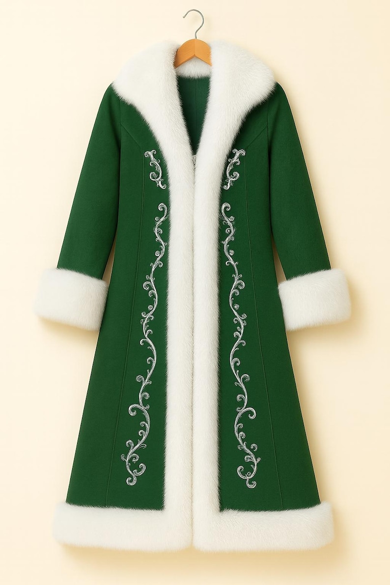 Pu&ograve; includere: Un cappotto lungo verde bosco caratterizzato da un folto colletto in pelliccia sintetica bianca e polsini e orlo coordinati in pelliccia sintetica bianca. La parte anteriore del cappotto &egrave; decorata con un intricato ricamo argentato a volute.