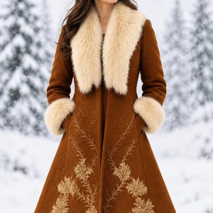 May include: A long, brown coat featuring a wide, cream-colored faux fur collar and matching faux fur cuffs. The coat has a flared silhouette and is decorated with intricate, light-colored floral embroidery extending from the hem upward.