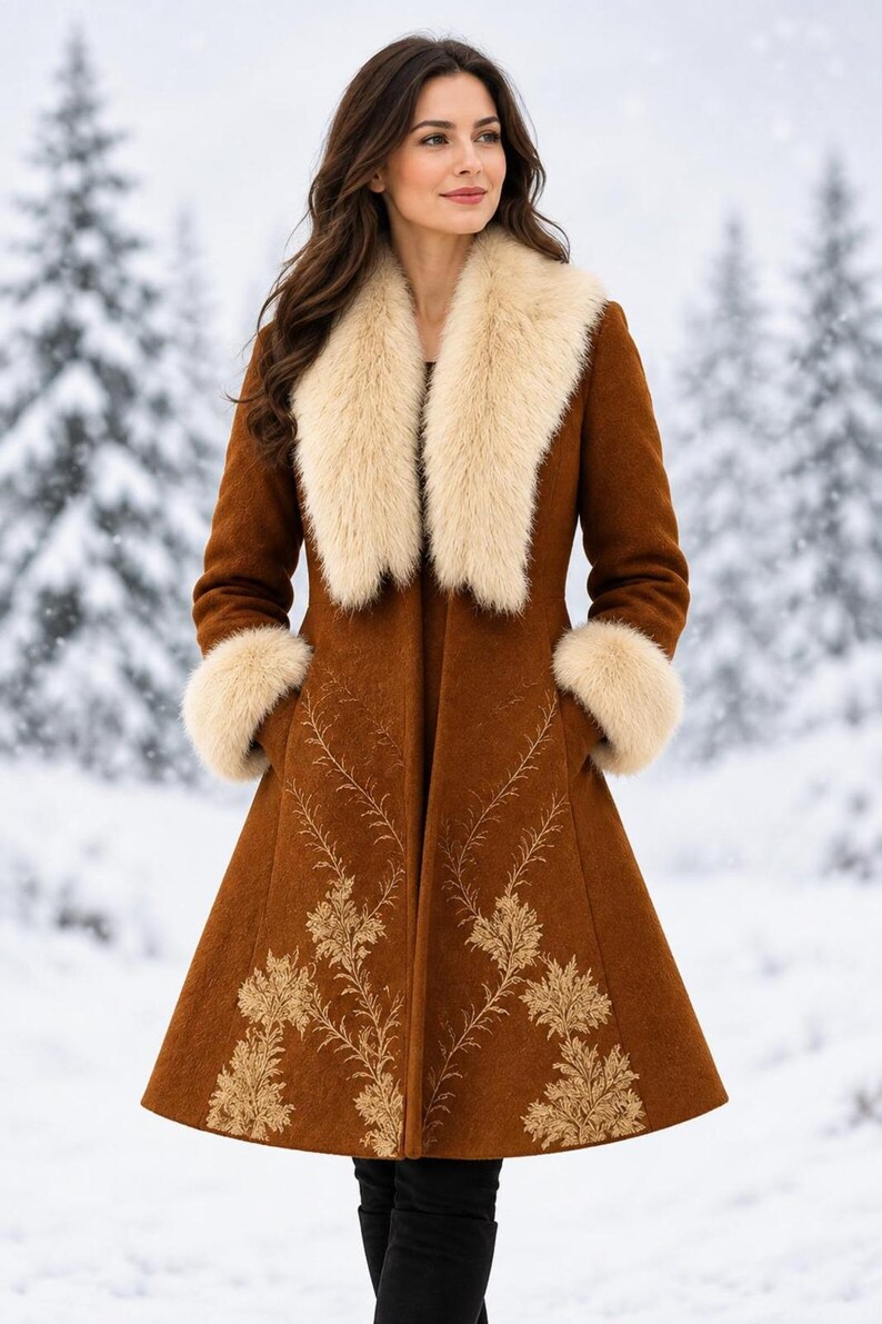 May include: A long, brown coat featuring a wide, cream-colored faux fur collar and matching faux fur cuffs. The coat has a flared silhouette and is decorated with intricate, light-colored floral embroidery extending from the hem upward.