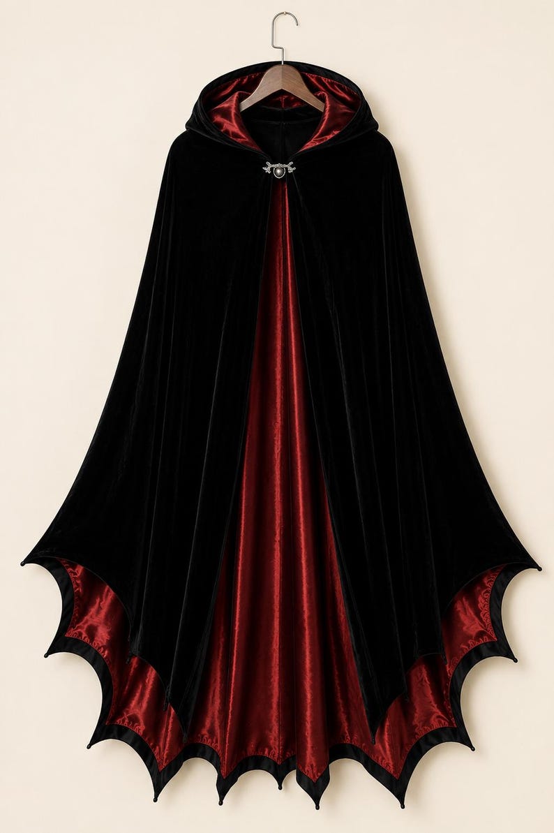 May include: A floor-length hooded cloak featuring a black velvet exterior and a deep red satin lining. The garment has a scalloped hemline and is secured at the neck with a silver-toned metal clasp featuring a central circular accent piece.