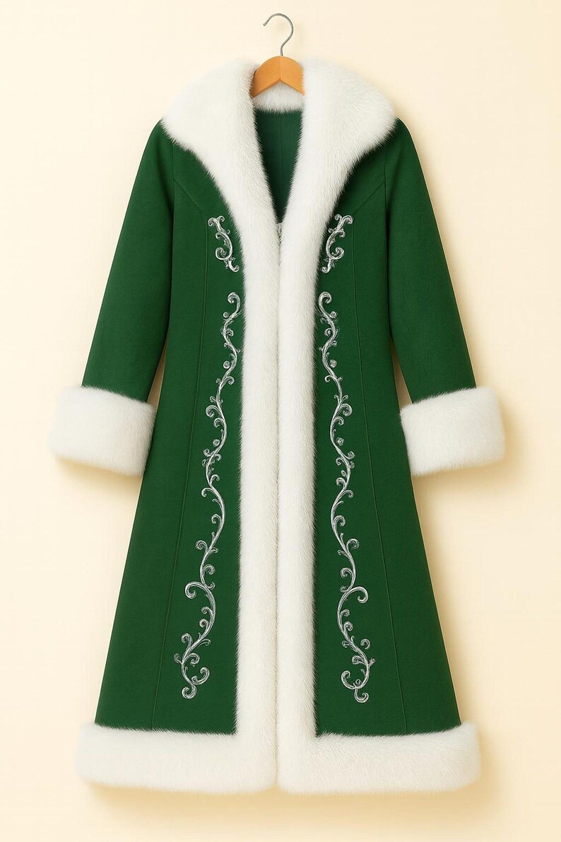 May include: A long, forest green coat featuring a thick white faux fur collar and cuffs. The front of the coat is decorated with intricate silver embroidery in a scrolling vine pattern that runs vertically along the opening of the garment.