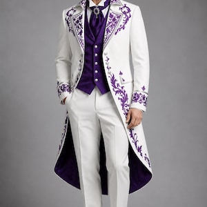 May include: A white tailcoat featuring intricate purple floral embroidery along the lapels and cuffs, paired with a deep purple vest, a white dress shirt, a purple cravat with a silver brooch, white trousers, and white dress shoes.