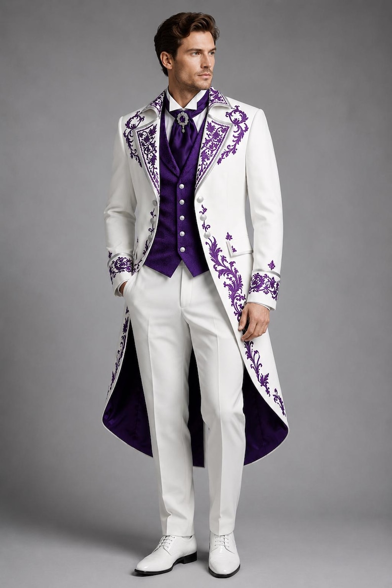 May include: A white tailcoat featuring intricate purple floral embroidery along the lapels and cuffs, paired with a deep purple vest, a white dress shirt, a purple cravat with a silver brooch, white trousers, and white dress shoes.