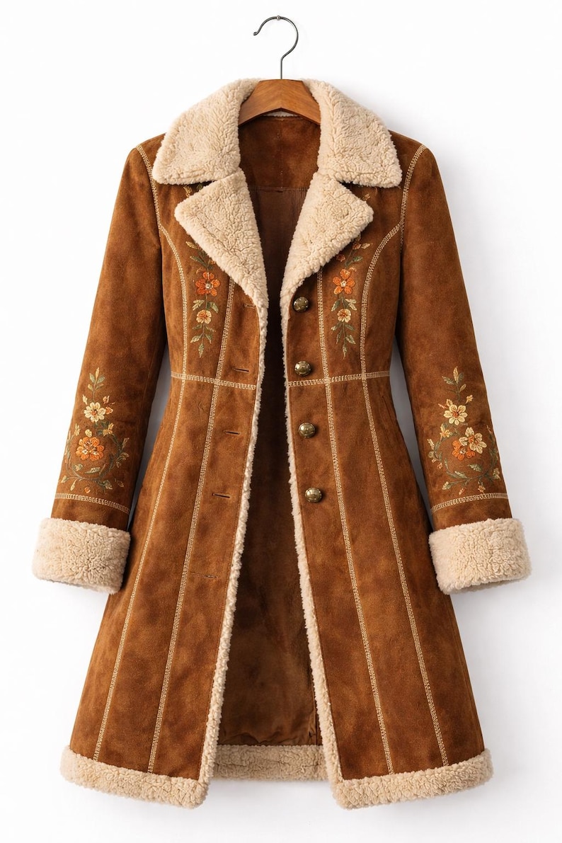 May include: A long, brown suede coat with a cream-coloured faux fur collar, cuffs, and lining. The coat features embroidered floral designs in orange and green, and is buttoned down the front. The coat is hanging on a wooden hanger.