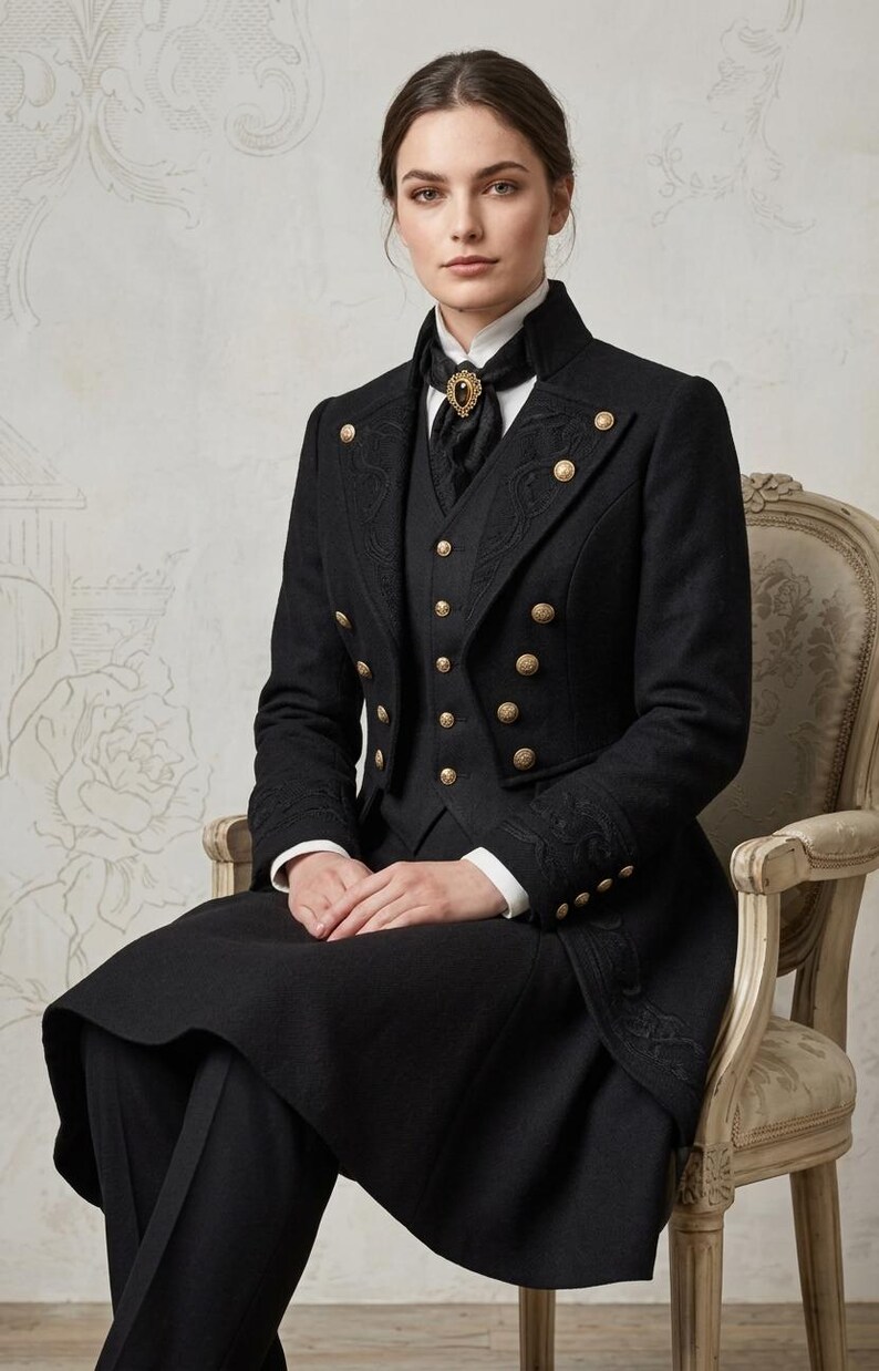 May include: A black long-sleeved coat featuring gold-toned buttons, a matching waistcoat, and intricate tonal embroidery on the lapels and cuffs. The ensemble includes a white collared shirt and a black neck accessory with a central dark gemstone detail.