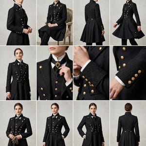 May include: A black long-sleeved coat featuring a high collar, gold-toned buttons, and intricate tonal embroidery on the cuffs and lapels. The garment includes a fitted bodice, a flared skirt section, and a matching vest with a dark decorative brooch.