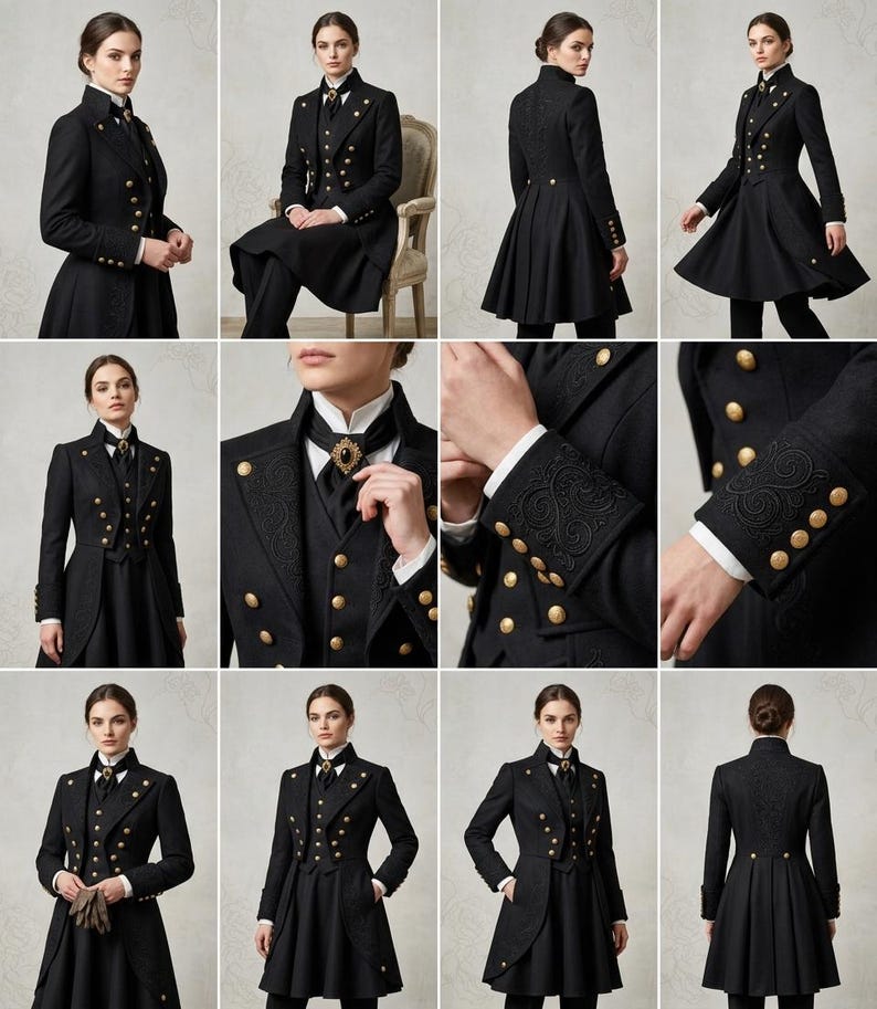 May include: A black long-sleeved coat featuring a high collar, gold-toned buttons, and intricate tonal embroidery on the cuffs and lapels. The garment includes a fitted bodice, a flared skirt section, and a matching vest with a dark decorative brooch.