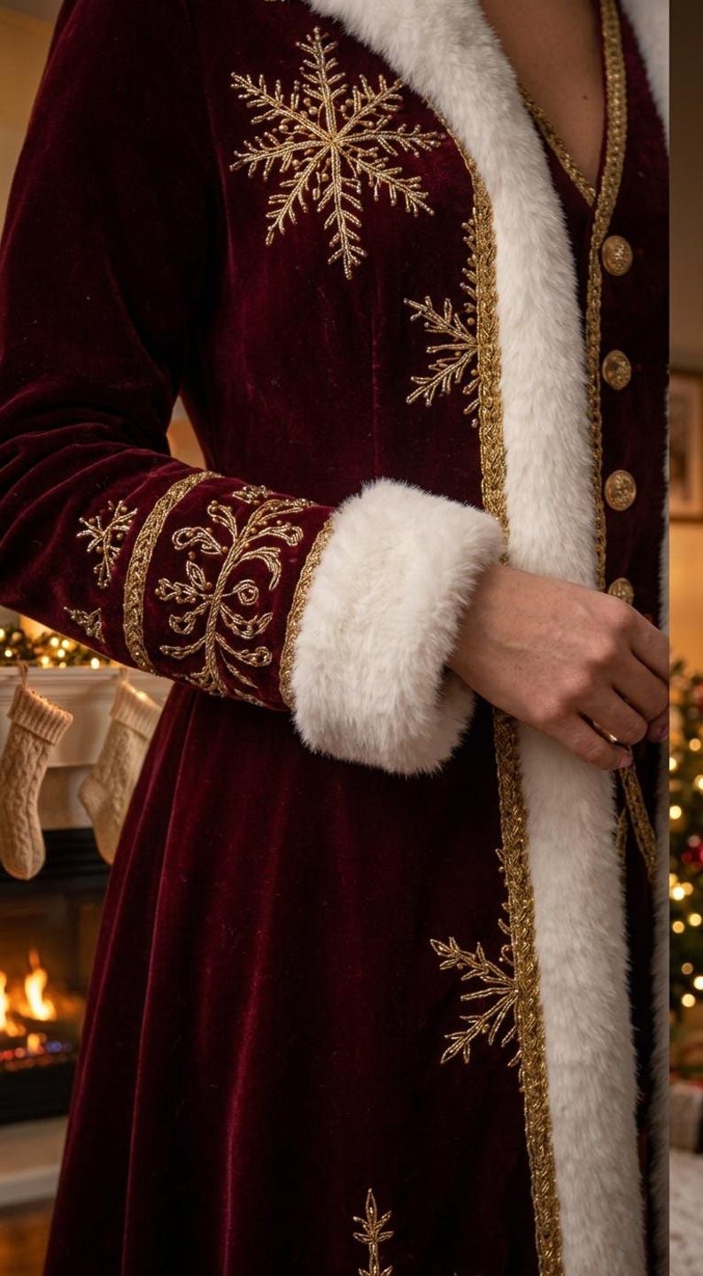 Pu&ograve; includere: Un cappotto in velluto bordeaux scuro con bordo in pelliccia sintetica bianca lungo l'apertura frontale e i polsini. Il cappotto &egrave; decorato con intricati ricami metallici dorati a forma di fiocchi di neve e volute, con bottoni dorati.