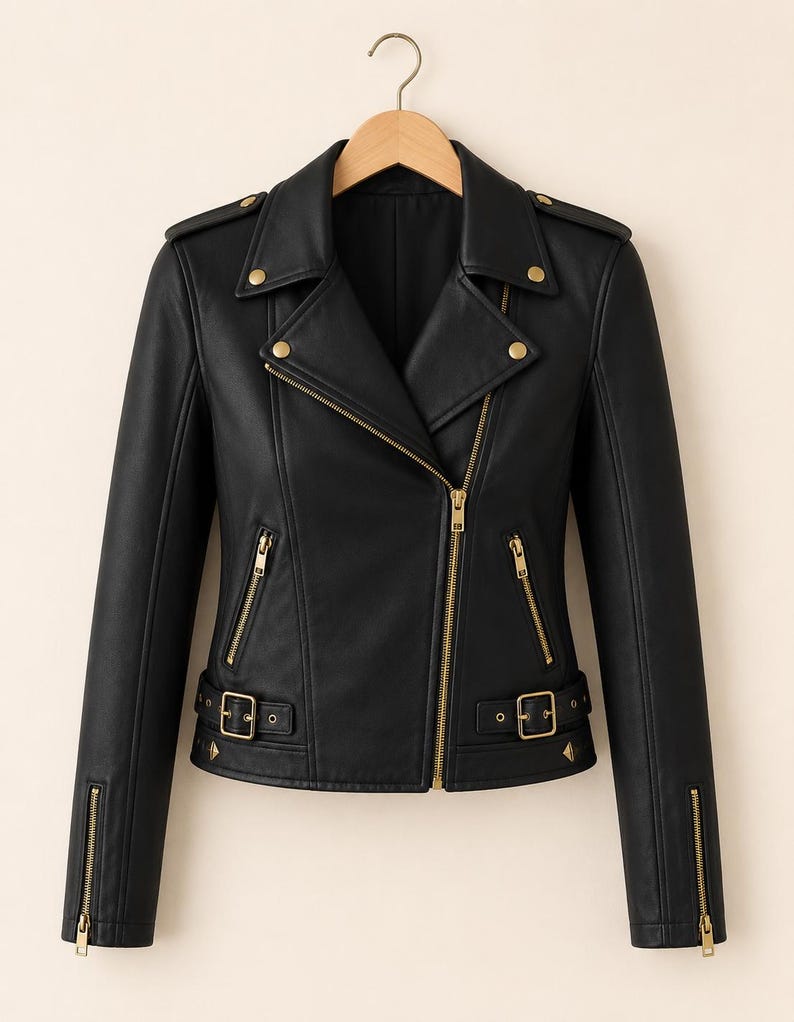 May include: A black leather jacket with an asymmetrical zip, gold-tone metal hardware, and a notched lapel. The jacket features zip pockets, belt details, and shoulder epaulettes. The design offers a classic biker style.