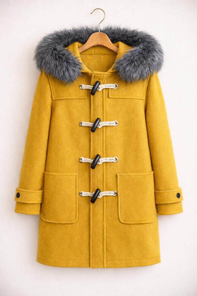 Abrigo de lana con capucha de piel sintética amarillo mostaza para mujer, chaqueta de invierno con botones, cálida, vintage imagen 1
