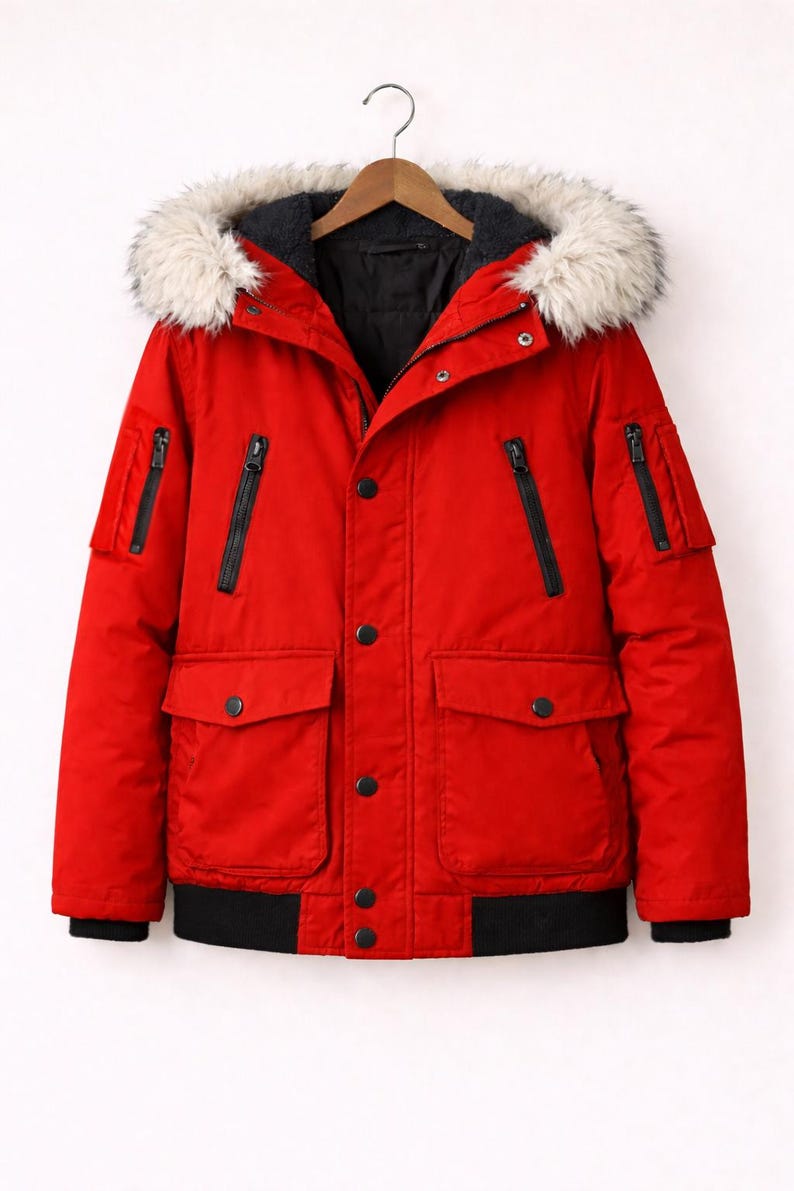 May include: A vibrant red winter parka with a faux fur-trimmed hood. The jacket has black zips, pockets, and a black ribbed hem. It is hanging on a wooden hanger against a white backdrop.