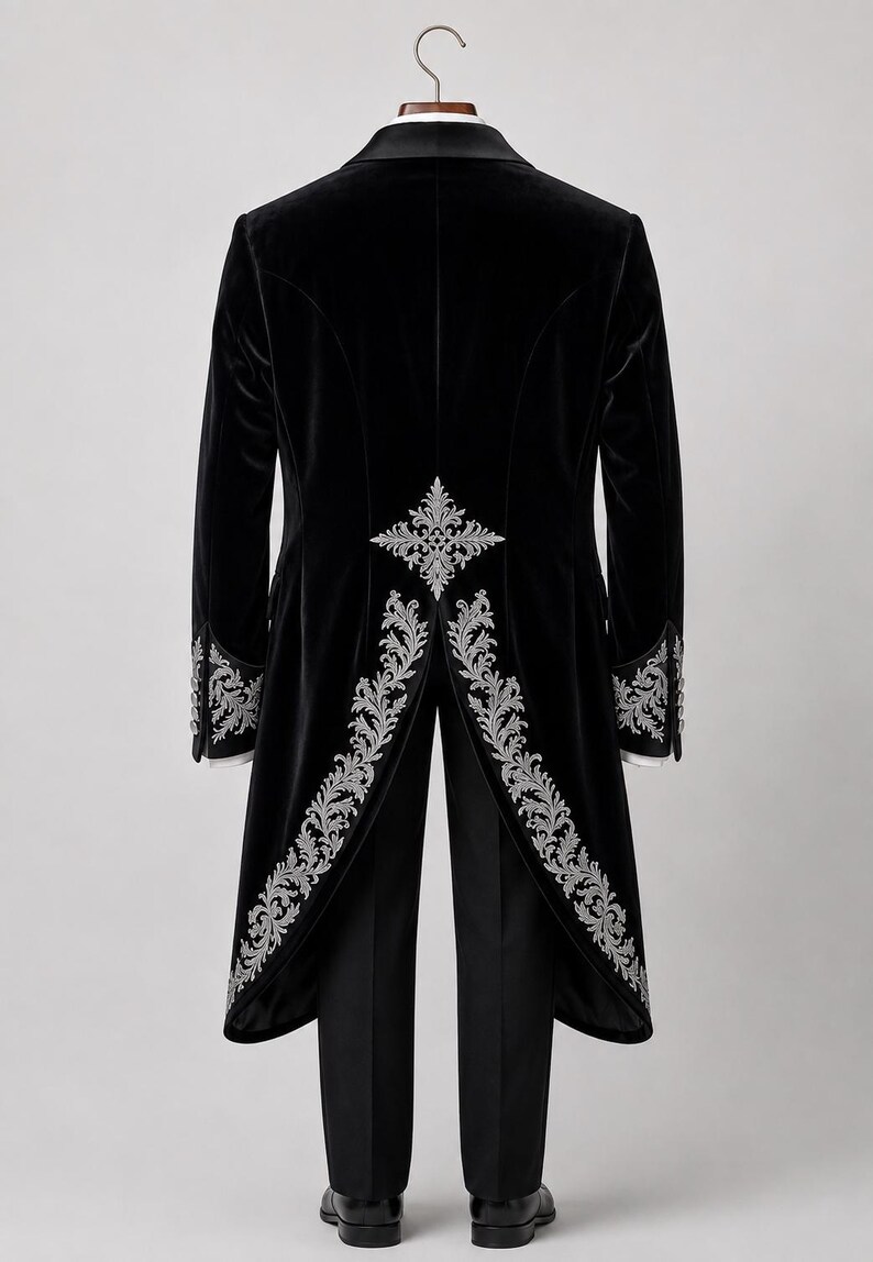 May include: A black velvet tailcoat featuring intricate silver embroidery along the back vent, waist, and sleeve cuffs. The coat is paired with matching black trousers and black dress shoes, displayed on a hanger against a neutral background.