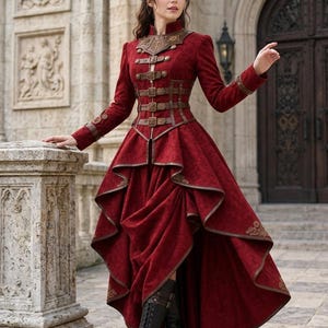 May include: A deep red long-sleeved dress featuring a high collar, a structured bodice with multiple horizontal buckled straps, and a high-low skirt with layered fabric panels. The garment includes intricate brown trim and black lace-up boots.