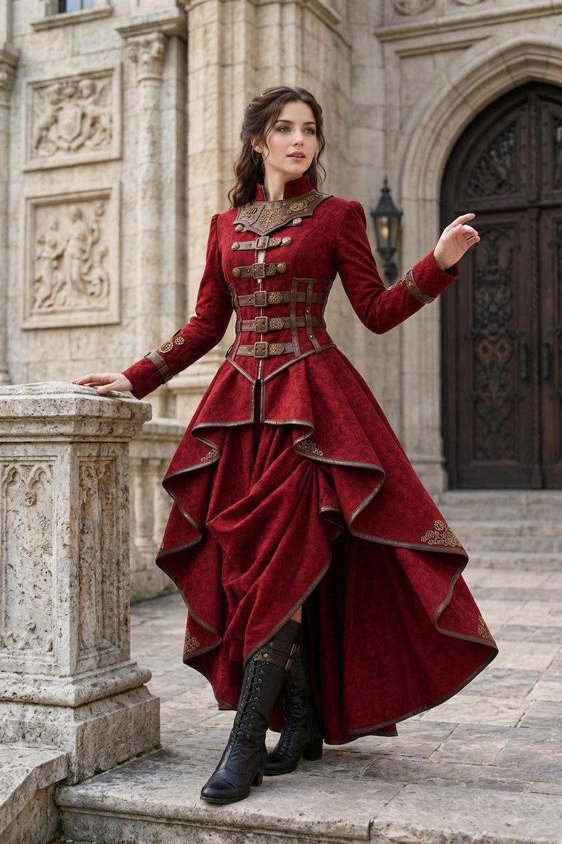 May include: A deep red long-sleeved dress featuring a high collar, a structured bodice with multiple horizontal buckled straps, and a high-low skirt with layered fabric panels. The garment includes intricate brown trim and black lace-up boots.