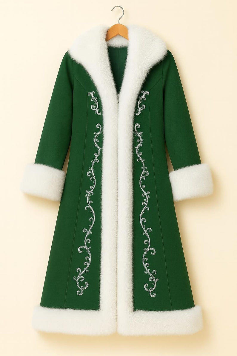 May include: A long, forest green coat featuring a thick white faux fur collar and cuffs. The front of the coat is decorated with intricate silver embroidery in a scrolling vine pattern that runs vertically along the opening of the garment.