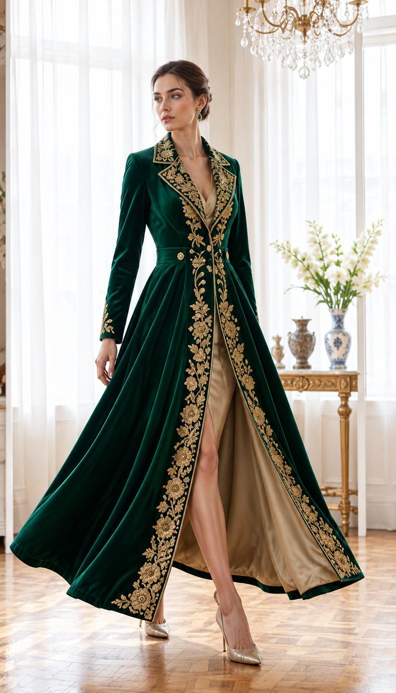May include: A floor-length dark green velvet coat featuring long sleeves, a wide lapel, and intricate gold floral embroidery along the front edges and cuffs. The coat is worn over a solid beige dress with a high front slit and gold high heels.