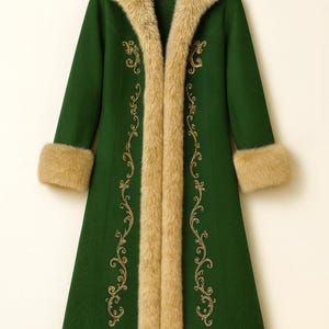 May include: A long, forest green coat featuring a thick, beige faux fur trim along the front opening, collar, and cuffs. The coat is decorated with intricate, symmetrical gold embroidery patterns running vertically down the front panels.