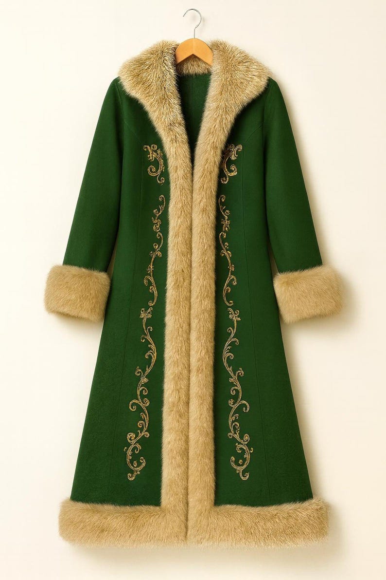 May include: A long, forest green coat featuring a thick, beige faux fur trim along the front opening, collar, and cuffs. The coat is decorated with intricate, symmetrical gold embroidery patterns running vertically down the front panels.