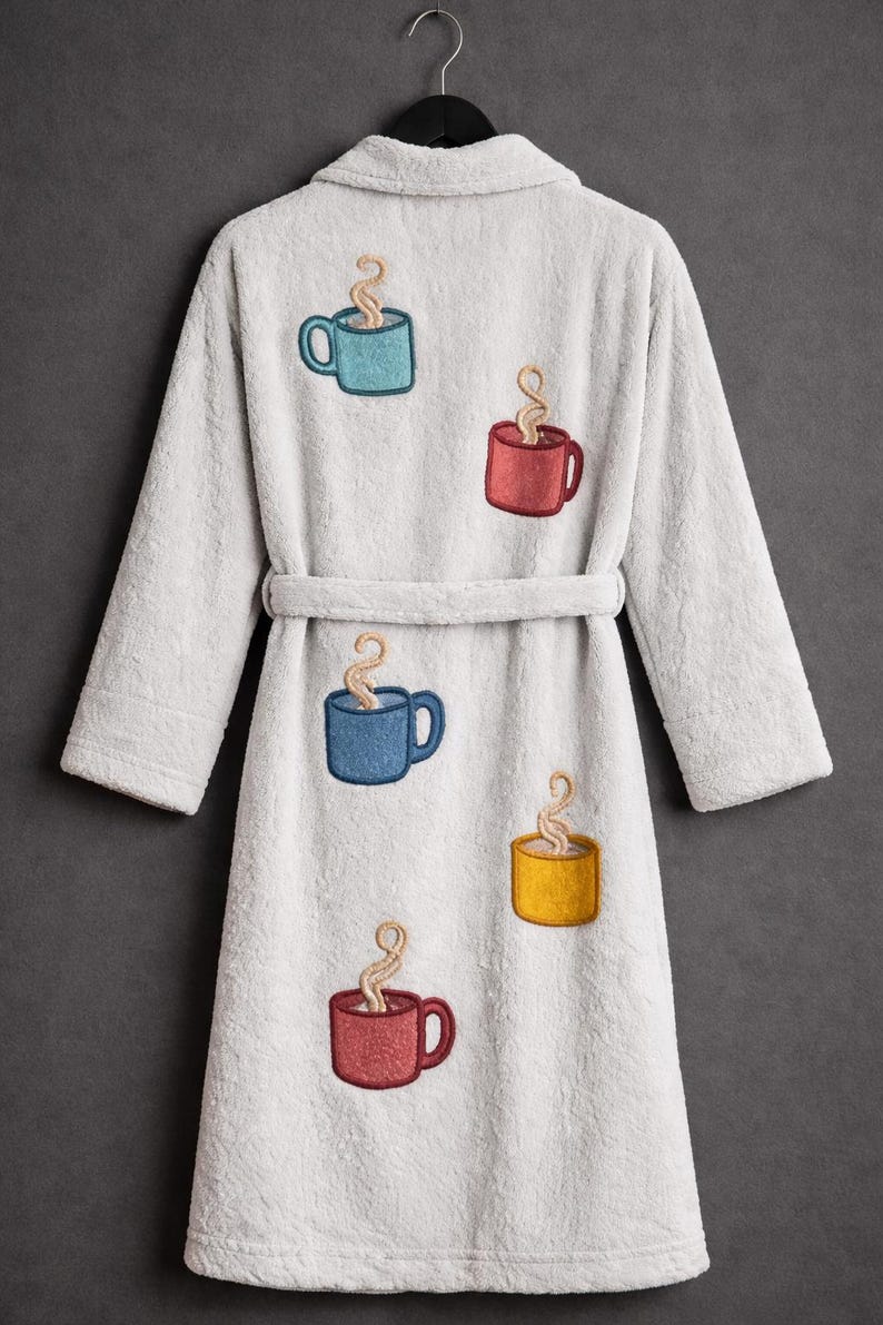 Puede incluir: Una bata de ba&ntilde;o gris claro y afelpada con cintur&oacute;n a juego. La bata est&aacute; decorada con tazas de caf&eacute; bordadas en azul, rojo, amarillo y verde azulado, cada una con vapor saliendo. La bata est&aacute; colgada de un gancho negro.