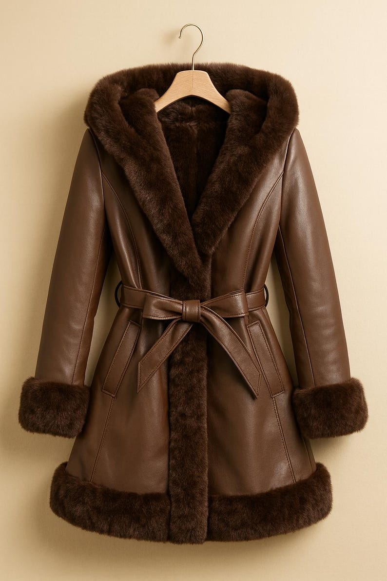 May include: A brown faux leather coat with a hood and faux fur trim. The coat features a belted waist, fur cuffs, and fur lining around the hood and front opening. The coat is hanging on a wooden hanger.