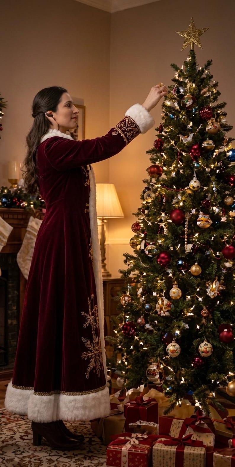 Pu&ograve; includere: Un lungo cappotto in velluto bordeaux intenso con finiture in pelliccia sintetica bianca lungo il colletto, i polsini e l'orlo, impreziosito da motivi a fiocco di neve dorati ricamati sulla parte inferiore della gonna e sulle maniche.