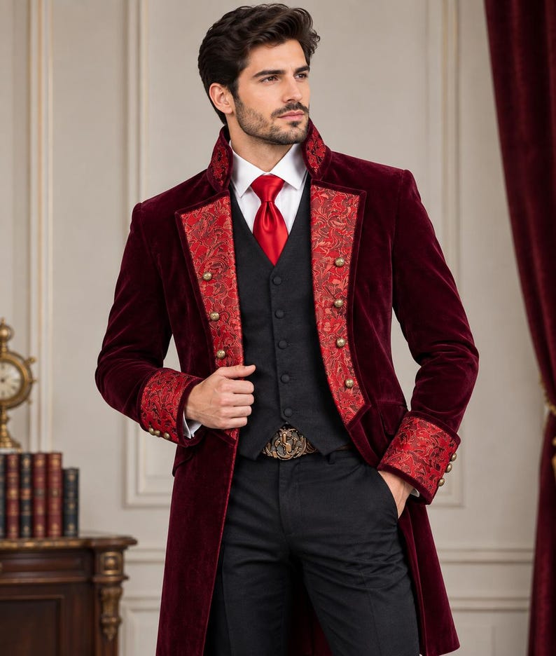 Puede incluir: Un abrigo largo de terciopelo color burdeos profundo con solapas y pu&ntilde;os de brocado rojo y dorado adornados con botones dorados, sobre un chaleco negro, una camisa blanca de cuello, una corbata roja brillante y pantalones negros con hebilla dorada.