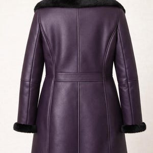 Purple Shearling Leather Coat with Black Fur Trim, Winter Warm Jacket image 2