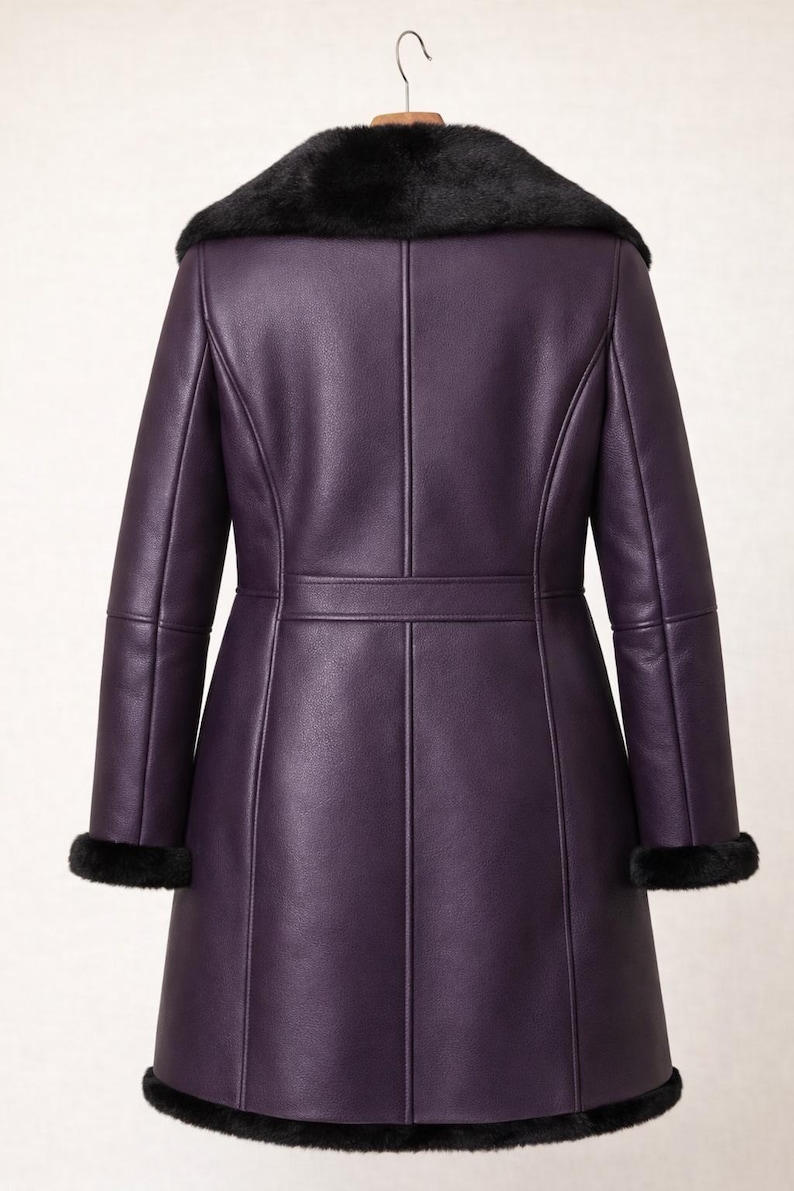 Purple Shearling Leather Coat with Black Fur Trim, Winter Warm Jacket image 2