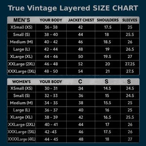 May include: A True Vintage Layered size chart featuring two tables with black backgrounds and white text. The top table lists measurements for XS to 3XL, while the bottom table lists measurements for XS to 4XL, including body, chest, shoulder, and sleeve sizes.