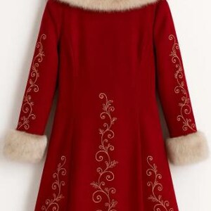 May include: A deep red coat featuring long sleeves, a beige faux fur collar, and beige faux fur trim along the bottom hem. The coat is decorated with gold-colored swirling vine embroidery patterns on the sleeves and the front panel.