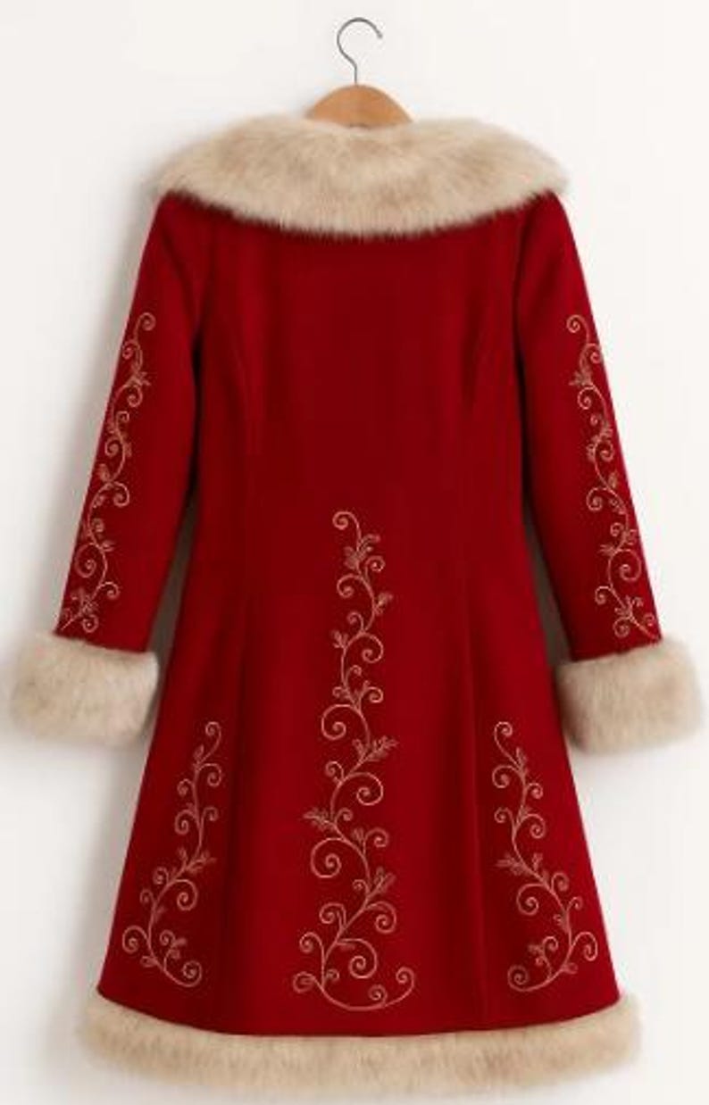 May include: A deep red coat featuring long sleeves, a beige faux fur collar, and beige faux fur trim along the bottom hem. The coat is decorated with gold-colored swirling vine embroidery patterns on the sleeves and the front panel.