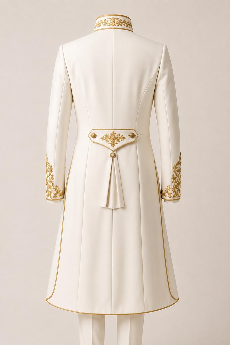 May include: A long, off-white coat featuring a high collar, long sleeves, and a structured back panel. The garment is adorned with intricate gold embroidery on the collar, cuffs, and a horizontal waist tab, complemented by gold piping along the edges.