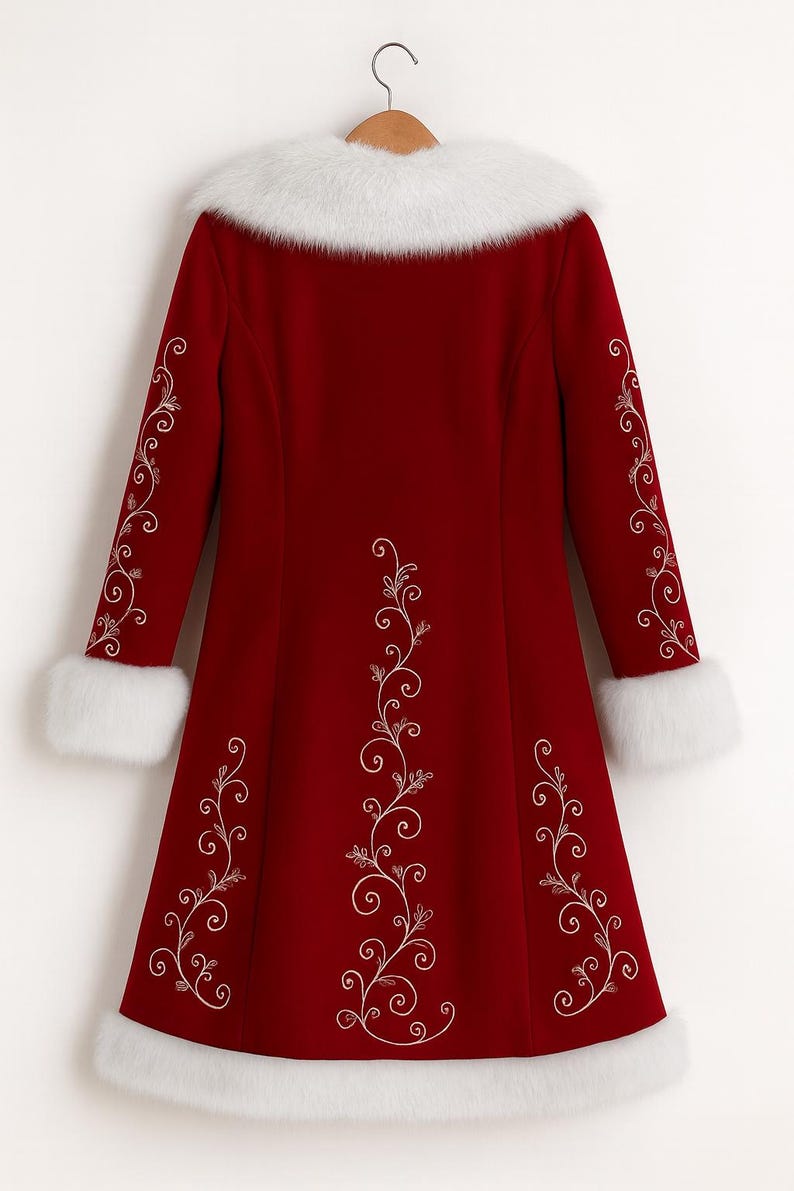 May include: A deep red coat featuring a white faux fur collar, white faux fur cuffs, and a white faux fur hem. The coat is decorated with intricate white embroidered vine patterns running vertically down the center and along both sleeves.