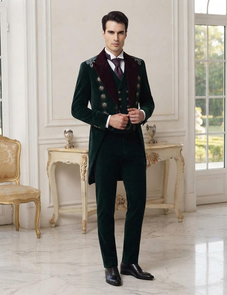 May include: A dark green velvet tailcoat suit featuring a deep burgundy velvet lapel, silver-toned decorative buttons, and intricate silver embroidery on the shoulders. The ensemble includes a matching vest, a white collared shirt, and a dark tie.