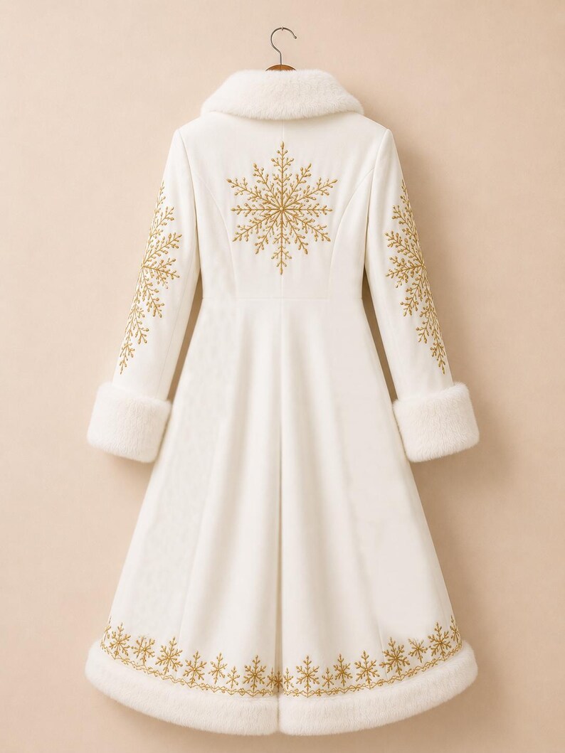 May include: A long white coat featuring a plush white faux fur collar and sleeve cuffs. The back of the coat is decorated with a large gold embroidered snowflake design, with additional gold snowflake patterns on the sleeves and hemline.