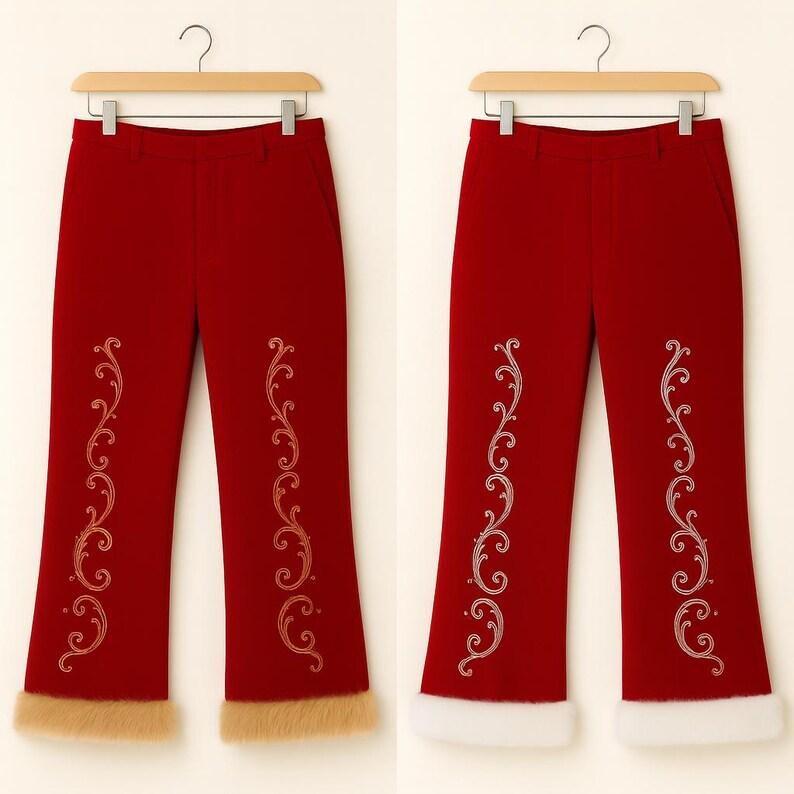 May include: Two pairs of red trousers hanging on wooden hangers. Each pair features a vertical gold-toned scrollwork embroidery pattern on the front of the legs and a thick, plush faux fur trim along the bottom hem of the pant legs.