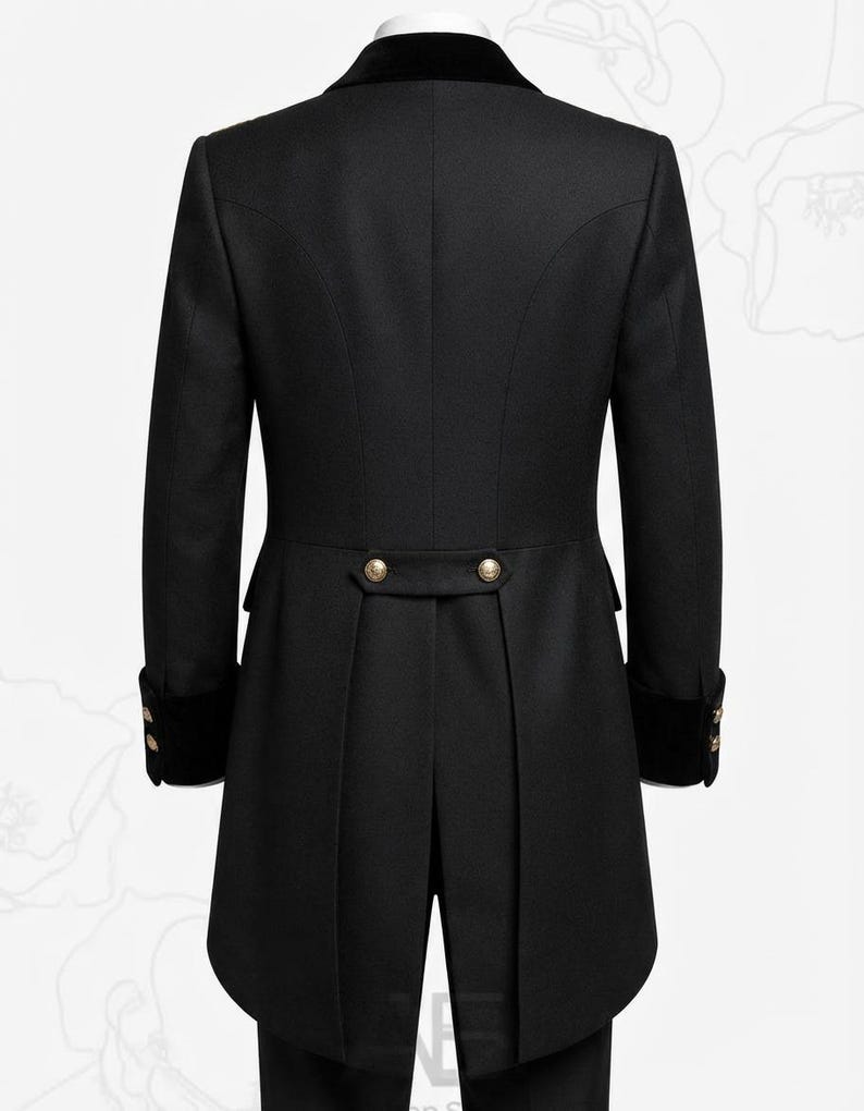 May include: A black tailcoat jacket featuring a velvet collar and cuffs, a back waist tab with two gold-toned buttons, and additional gold-toned buttons on each sleeve cuff. The garment has a structured fit with a long, split tail design.