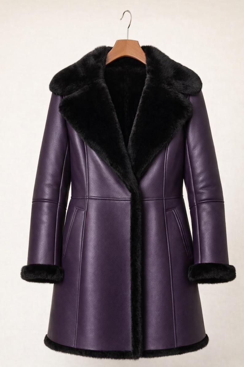 Purple Shearling Leather Coat with Black Fur Trim, Winter Warm Jacket image 1