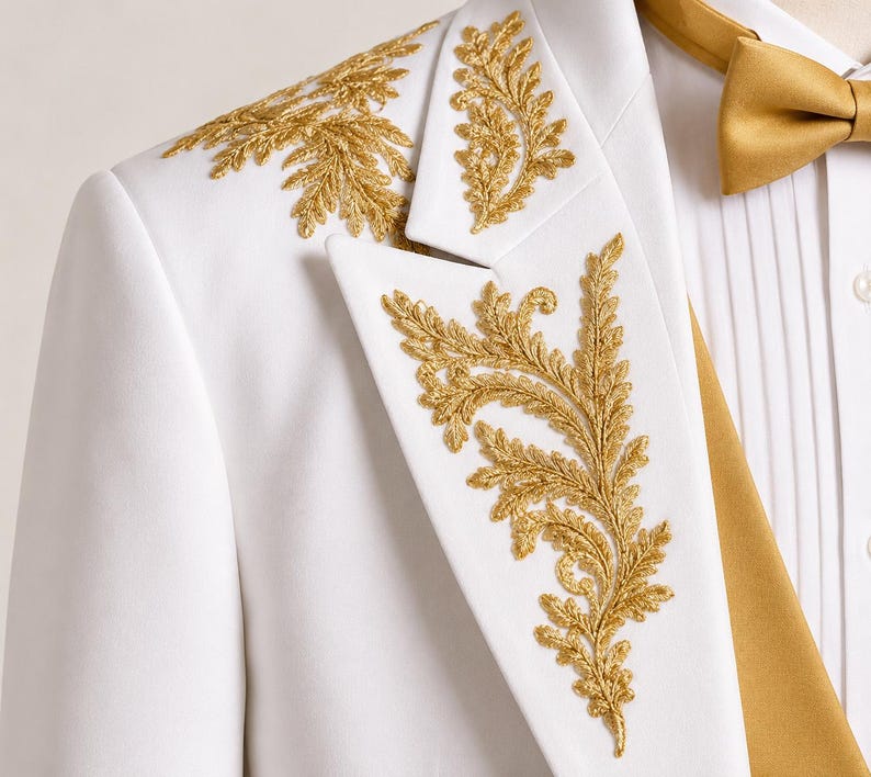 May include: A white blazer featuring intricate gold metallic embroidery in a fern-like leaf pattern on the lapel and shoulder. The garment is paired with a white pleated shirt and a solid gold satin bow tie, creating a formal ensemble.