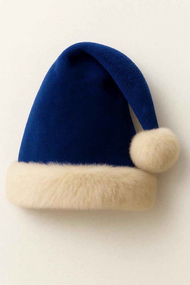 May include: A deep blue conical hat with a soft, velvety texture. The base features a wide, thick band of cream-colored faux fur trim, and the pointed top is finished with a matching cream-colored faux fur pom-pom hanging to the side.