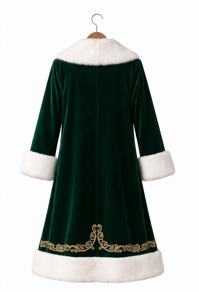 May include: A dark green velvet coat featuring a white faux fur collar and matching white faux fur cuffs on the long sleeves. The hem is trimmed with white faux fur and decorated with an intricate gold embroidered scrollwork pattern.