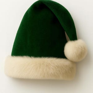 May include: A deep forest green hat with a soft, velvety texture, featuring a wide, fluffy cream-colored faux fur trim around the base and a matching cream-colored pom-pom attached to the side of the pointed, slightly drooping top.