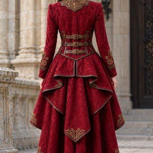May include: A long-sleeved, deep red coat with a high-low hemline, featuring brown leather-like trim, three horizontal buckled straps at the waist, and intricate gold-colored gear-shaped embroidery on the collar, cuffs, and back panels.
