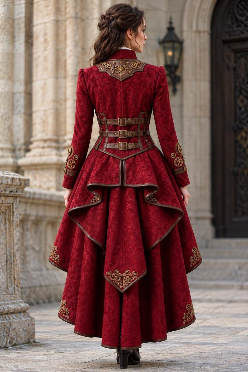 May include: A long-sleeved, deep red coat with a high-low hemline, featuring brown leather-like trim, three horizontal buckled straps at the waist, and intricate gold-colored gear-shaped embroidery on the collar, cuffs, and back panels.