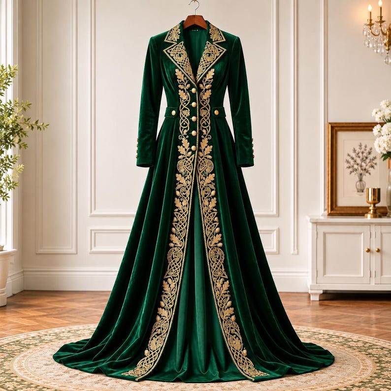 May include: A floor-length dark green velvet coat featuring long sleeves, a structured collar, and a central row of gold buttons. The front panels are adorned with intricate gold embroidery in a leaf and vine pattern along the lapels and hem.