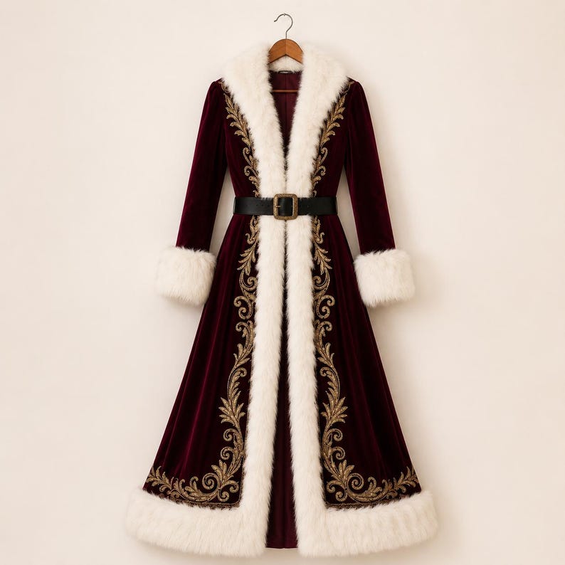 May include: A long, deep burgundy velvet coat featuring a thick white faux fur trim along the collar, cuffs, and hem. The front panels are decorated with intricate gold embroidery in a scrolling pattern, and a black belt with a buckle is included.