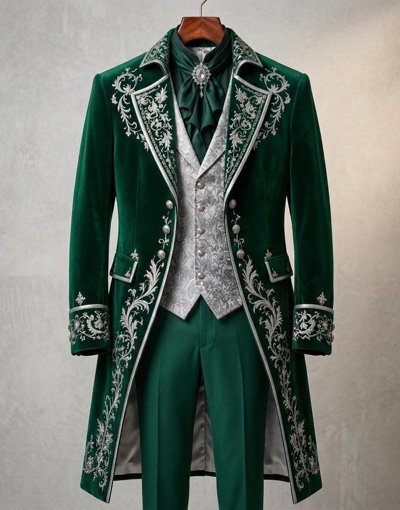 Puede incluir: Una levita de terciopelo verde oscuro con intrincados bordados plateados en las solapas y pu&ntilde;os, combinada con un chaleco gris claro estampado, un corbat&oacute;n verde a juego con un broche de cristal central y pantalones verde oscuro.